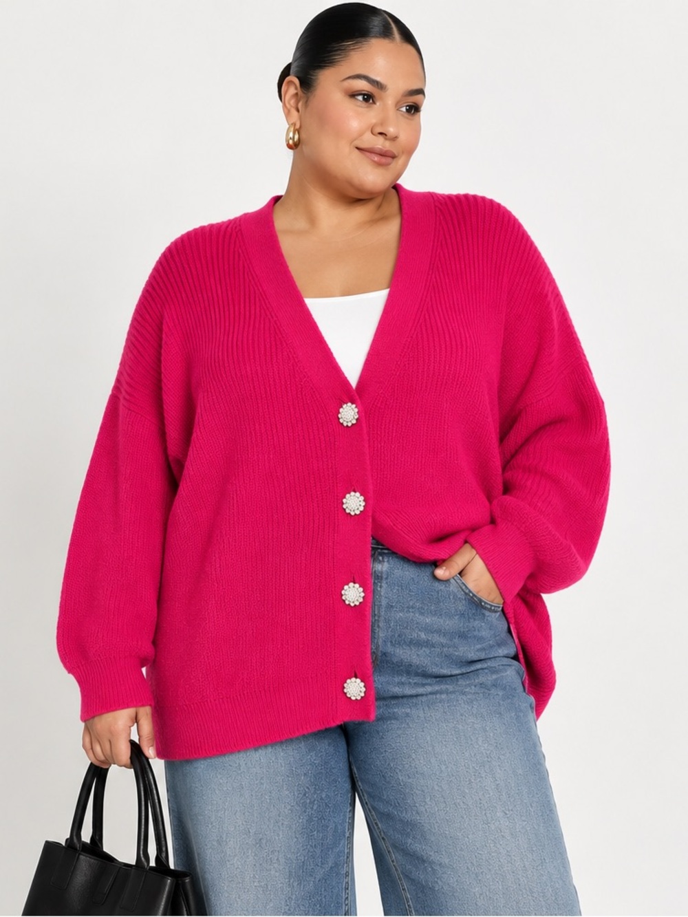 Ava & Viv 3X Fuchsia Rhinestone Button Cardigan Plus Size